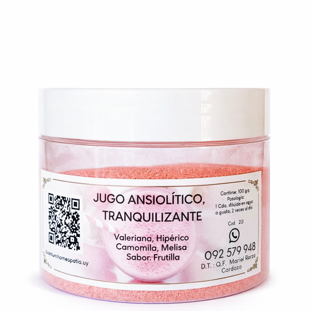 Jugo Ansiolitico y Tranquilizante (Valeriana, Hipérico, Camomila y Melissa) Sabor Frutilla · 100gr