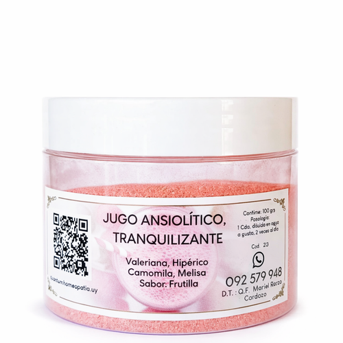 Jugo Ansiolitico y Tranquilizante (Valeriana, Hipérico, Camomila y Melissa) Sabor Frutilla · 100gr